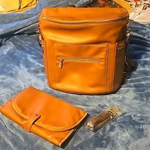 New Large Diaper Bag Backpack by Miss Fong w/Accessories, Tan, Sz 13"x7"×12"